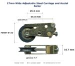 Dimensioned drawing of the 32mm sliding door carriage & acetal roller – 17mm wide adjustable zinc-plated steel: 55.8 x 32 x 16.7 mm, 32mm roller