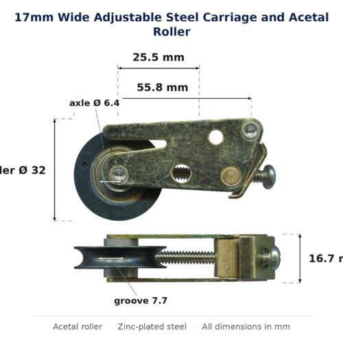 Dimensioned drawing of the 32mm sliding door carriage & acetal roller – 17mm wide adjustable zinc-plated steel: 55.8 x 32 x 16.7 mm, 32mm roller