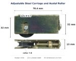 Dimensioned drawing of the sliding door carriage & acetal roller – adjustable zinc-plated steel: 76.4 x 32 x 15 mm
