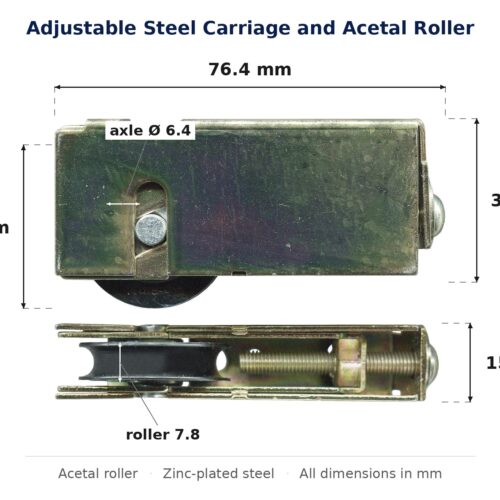 Dimensioned drawing of the sliding door carriage & acetal roller – adjustable zinc-plated steel: 76.4 x 32 x 15 mm
