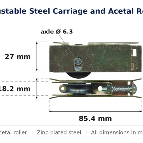 Dimensioned drawing of the sliding door carriage & acetal roller – adjustable zinc-plated steel: 85.4 x 32.4 x 18.2 mm