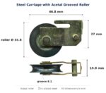 Dimensioned drawing of the 35.8mm sliding door carriage & acetal roller – zinc-plated steel: 46.8 x 35.8 x 15.9 mm, 35.8mm roller
