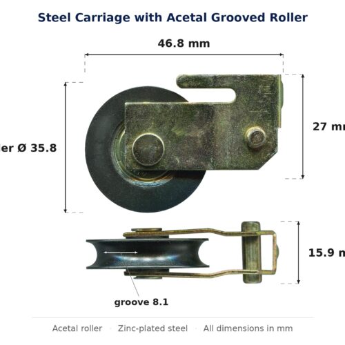 Dimensioned drawing of the 35.8mm sliding door carriage & acetal roller – zinc-plated steel: 46.8 x 35.8 x 15.9 mm, 35.8mm roller