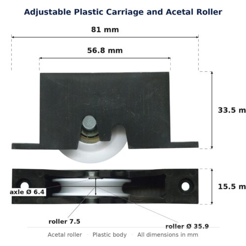 Dimensioned drawing of the 36mm sliding door carriage & acetal roller – adjustable plastic: 81 x 40 x 16 mm, 36mm roller