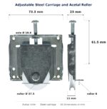 Dimensioned drawing of the 38mm sliding door carriage & acetal roller – adjustable concave steel: 73 x 72 x 23 mm, 38mm roller
