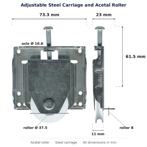 Dimensioned drawing of the 38mm sliding door carriage & acetal roller – adjustable concave steel: 73 x 72 x 23 mm, 38mm roller