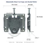 Dimensioned drawing of the 38mm sliding door carriage & acetal roller – adjustable convex steel: 73 x 74 x 23 mm, 38mm roller