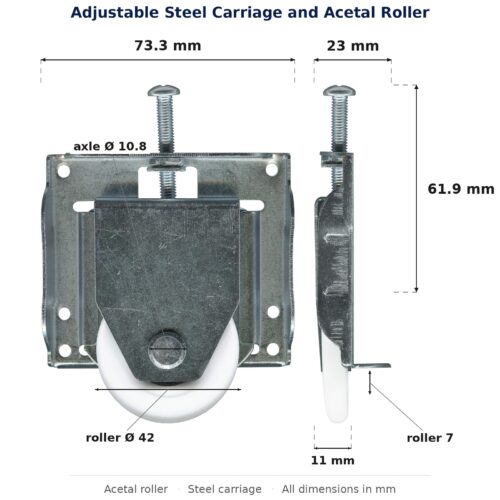 Dimensioned drawing of the 38mm sliding door carriage & acetal roller – adjustable convex steel: 73 x 74 x 23 mm, 38mm roller