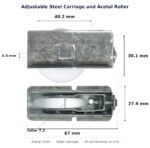 Dimensioned drawing of the 40mm sliding door carriage & acetal roller – adjustable convex steel: 70 x 41 x 28 mm, 40mm roller