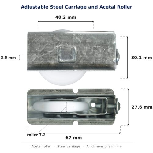 Dimensioned drawing of the 40mm sliding door carriage & acetal roller – adjustable convex steel: 70 x 41 x 28 mm, 40mm roller