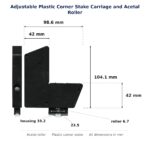 Dimensioned drawing of the 42mm screen door corner stake & acetal roller – adjustable plastic: 99 x 122 x 16 mm, 42mm roller