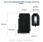Dimensioned drawing of the sliding door carriage & acetal roller – heavy duty adjustable nylon: 44 x 65 x 26.4 mm