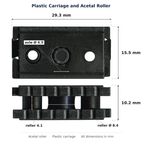 Dimensioned drawing of the 8mm sliding door carriage & acetal roller – multi link plastic 2 pack: 29 x 16 x 10 mm, 8mm roller