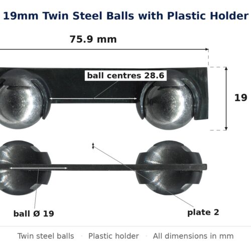 Dimensioned drawing of the 19mm twin steel ball carriage – plastic: 19 x 76 x 19 mm, 19mm roller