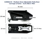 Dimension diagram of the CARBGC15 medium duty adjustable patio door carriage and roller, showing 61 mm length, 29 mm height, 23 mm depth, a 25 mm acetal roller 7 mm wide and an 11 mm axle bore 13 mm deep.
