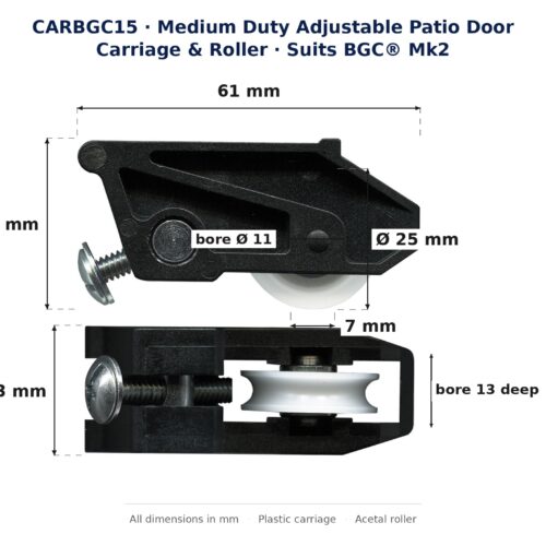 Dimension diagram of the CARBGC15 medium duty adjustable patio door carriage and roller, showing 61 mm length, 29 mm height, 23 mm depth, a 25 mm acetal roller 7 mm wide and an 11 mm axle bore 13 mm deep.