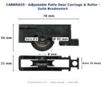 Dimension diagram of the CARBRA25 adjustable patio door carriage and roller for Bradnams® doors, showing 78 mm length, 34 mm height, 21 mm depth, a 32 mm acetal roller 8 mm wide and a 6 mm axle bore 15 mm deep.