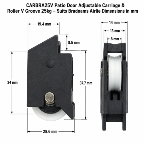 TradeBase 25kg adjustable patio door carriage and roller V-groove dimensions in mm suits Bradnams Airlie