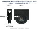 Dimension diagram of the CARDOW25 adjustable patio door carriage and 36 mm roller for Dowell® and AMP® doors, showing 44 mm width, 43 mm height, 14 mm depth, a 36 mm acetal roller 8 mm wide and a 7 mm axle bore 15 mm deep.
