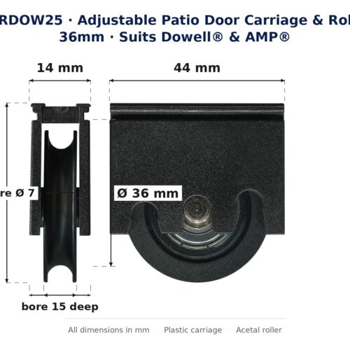 Dimension diagram of the CARDOW25 adjustable patio door carriage and 36 mm roller for Dowell® and AMP® doors, showing 44 mm width, 43 mm height, 14 mm depth, a 36 mm acetal roller 8 mm wide and a 7 mm axle bore 15 mm deep.