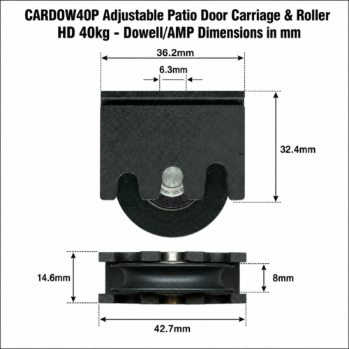 TradeBase 40kg premium heavy duty adjustable patio door carriage and roller 36mm dimensions in mm suits Dowell and AMP