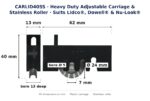 Dimension diagram of the CARLID40SS heavy duty adjustable carriage and stainless roller, showing 62 mm width, 40 mm height, 13 mm depth, a 24 mm stainless roller 7 mm wide and a 5 mm axle bore 13 mm deep.