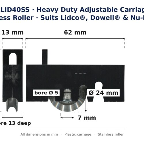 Dimension diagram of the CARLID40SS heavy duty adjustable carriage and stainless roller, showing 62 mm width, 40 mm height, 13 mm depth, a 24 mm stainless roller 7 mm wide and a 5 mm axle bore 13 mm deep.
