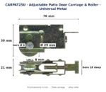 Dimension diagram of the CARPAT25U universal metal adjustable patio door carriage and roller, showing 76 mm length, 39 mm height, 21 mm depth, a 29 mm alloy roller 8 mm wide and a 6 mm axle bore 18 mm deep.