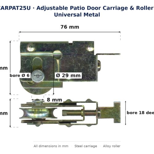 Dimension diagram of the CARPAT25U universal metal adjustable patio door carriage and roller, showing 76 mm length, 39 mm height, 21 mm depth, a 29 mm alloy roller 8 mm wide and a 6 mm axle bore 18 mm deep.