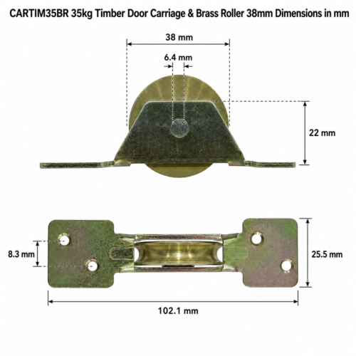 Dimension diagram of the CARTIM35BR 35kg timber door carriage and brass roller, showing a 38 mm roller diameter, 6.4 mm groove, 22 mm height, 102.1 mm plate length, 25.5 mm plate width and 8.3 mm fixing hole spacing.