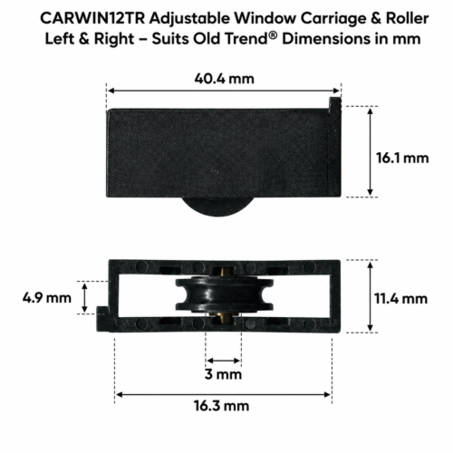 TradeBase 12kg adjustable window carriage and roller dimensions in mm suits old Trend