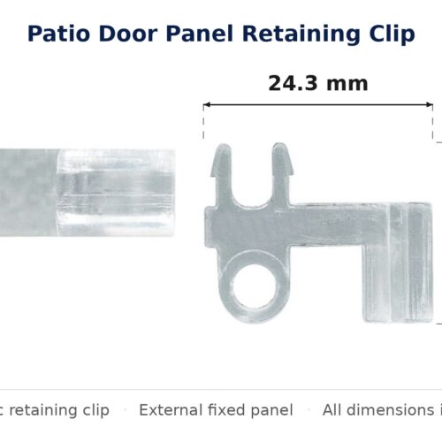 Dimensioned drawing of the patio door panel retaining clip – external fixed plastic: 24 x 19 x 10 mm