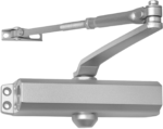 Silver commercial hydraulic door closer with adjustable closing arm