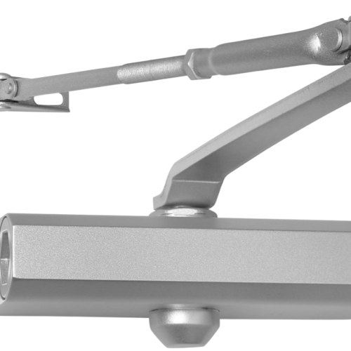 Silver commercial hydraulic door closer with adjustable closing arm