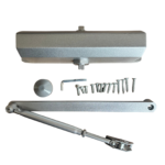 Silver heavy-duty commercial hydraulic door closer for doors up to 120kg with adjustable arm and fixing screws