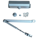 Silver commercial hydraulic door closer for doors up to 65kg with adjustable arm and fixing screws