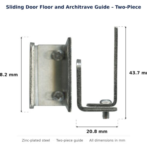 Dimensioned drawing of the sliding door floor and architrave guide – two-piece zinc-plated steel: 38 x 44 x 20 mm