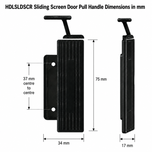 sliding screen door pull handle dimension diagram, 75x34x17mm, 37mm centres – TradeBase HDLSLDSCR