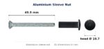 Dimensioned drawing of the aluminium sleeve nut: 49.9 x 10.7 x 10.7 mm