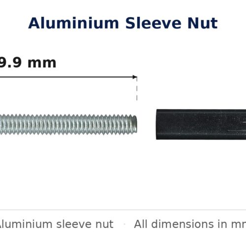 Dimensioned drawing of the aluminium sleeve nut: 49.9 x 10.7 x 10.7 mm