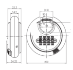 70mm combination disc padlock dimension drawing: Ø70 mm disc body, 24.25 mm thick, in millimetres