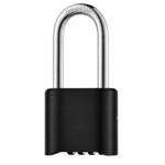 Black 50mm zinc alloy long shackle combination padlock with 4-dial resettable code and hardened chrome shackle