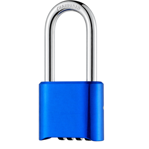 Blue 50mm zinc alloy long shackle combination padlock with 4-dial resettable code and hardened chrome shackle