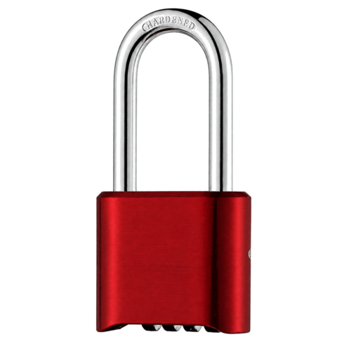 Red 50mm zinc alloy long shackle combination padlock with 4-dial resettable code and hardened chrome shackle