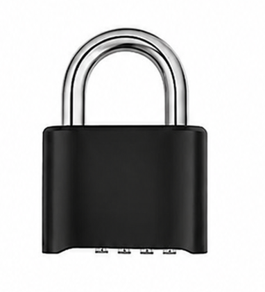 Black 50mm zinc alloy combination padlock with 4-dial resettable code and chrome-plated shackle