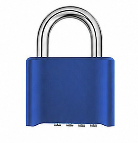 Blue 50mm zinc alloy combination padlock with 4-dial resettable code and chrome-plated shackle