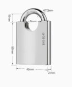 TradeBase 40mm Stainless Steel Closed Shackle Padlock – Marine Grade Anti-Cut Outdoor Gate Lock dimensions in mm