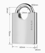 TradeBase 60mm Stainless Steel Closed Shackle Padlock – Marine Grade Anti-Cut Outdoor Gate Lock dimensions in mm