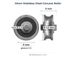 TradeBase 14mm Concave Sliding Door Roller – Stainless steel 12kg dimensions: 14.0 mm outside diameter, 9.0 mm overall width,