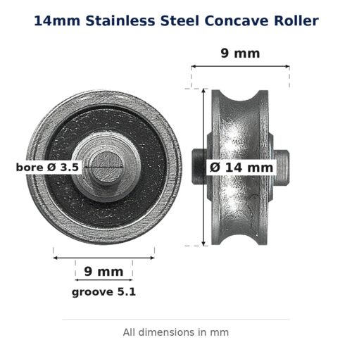 TradeBase 14mm Concave Sliding Door Roller – Stainless steel 12kg dimensions: 14.0 mm outside diameter, 9.0 mm overall width,